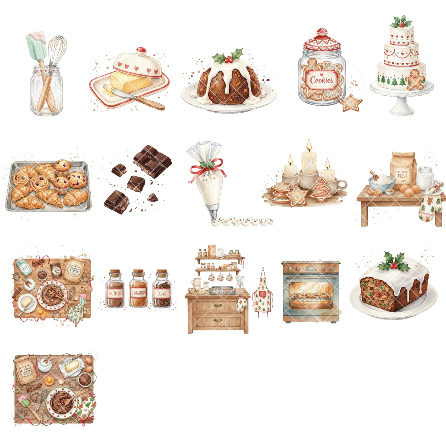 Christmas Baking Clipart – 56 PNG Watercolor Holiday Desserts & Kitchen Graphics | Gingerbread, Cookies, Cakes