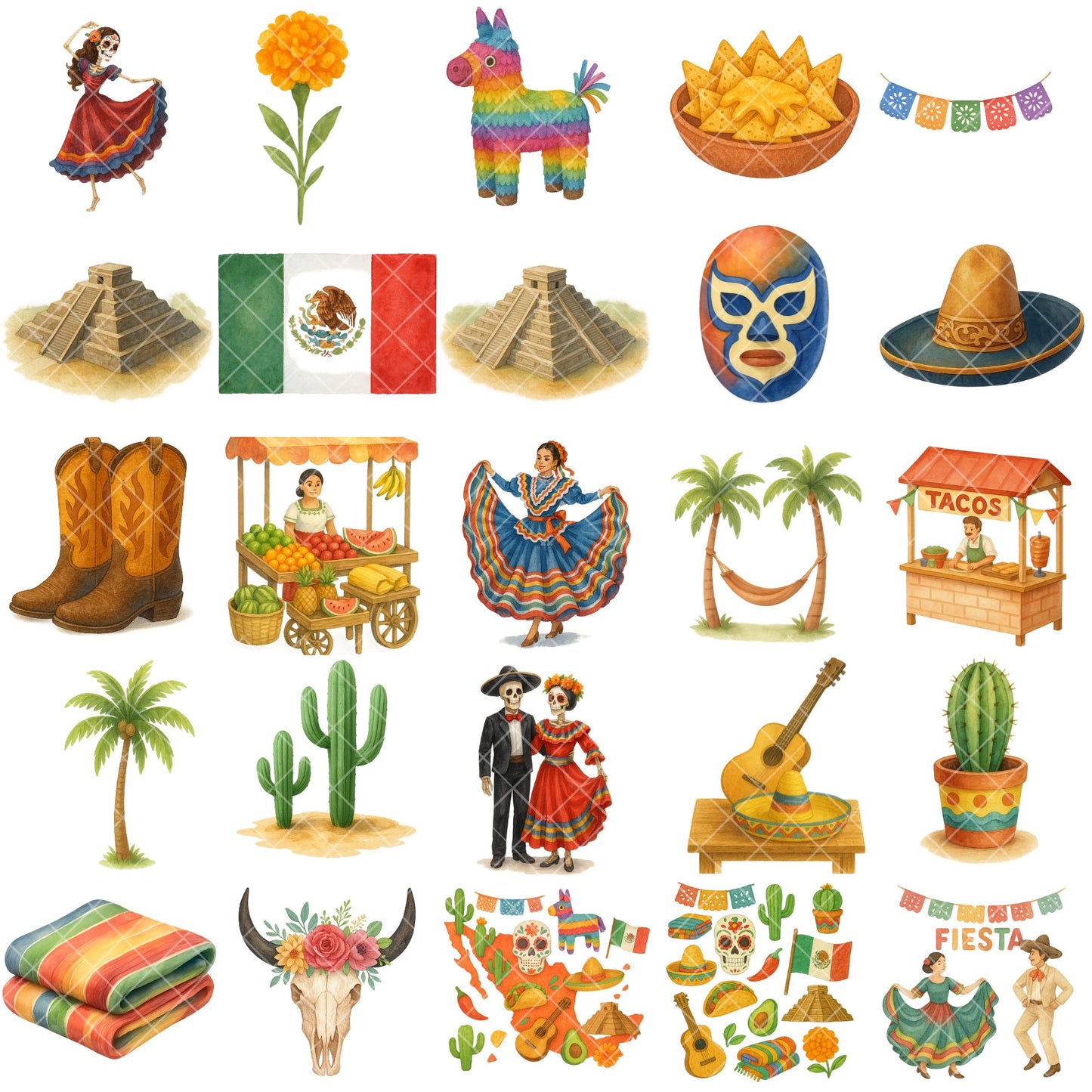 Mexico Watercolor Clipart PNG | Mexican Culture Fiesta Art | Cinco de Mayo Clipart | Mexico Icons PNG | Commercial Use