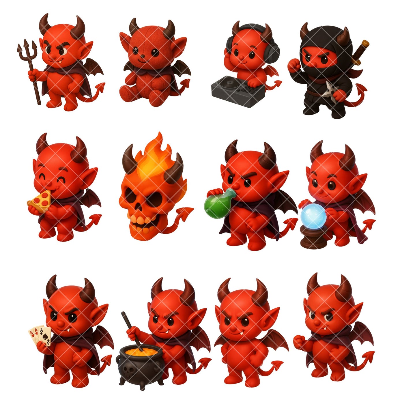 Cute Devil Demon 3D Clipart – Kawaii Halloween Demon PNG Bundle (50 Files)