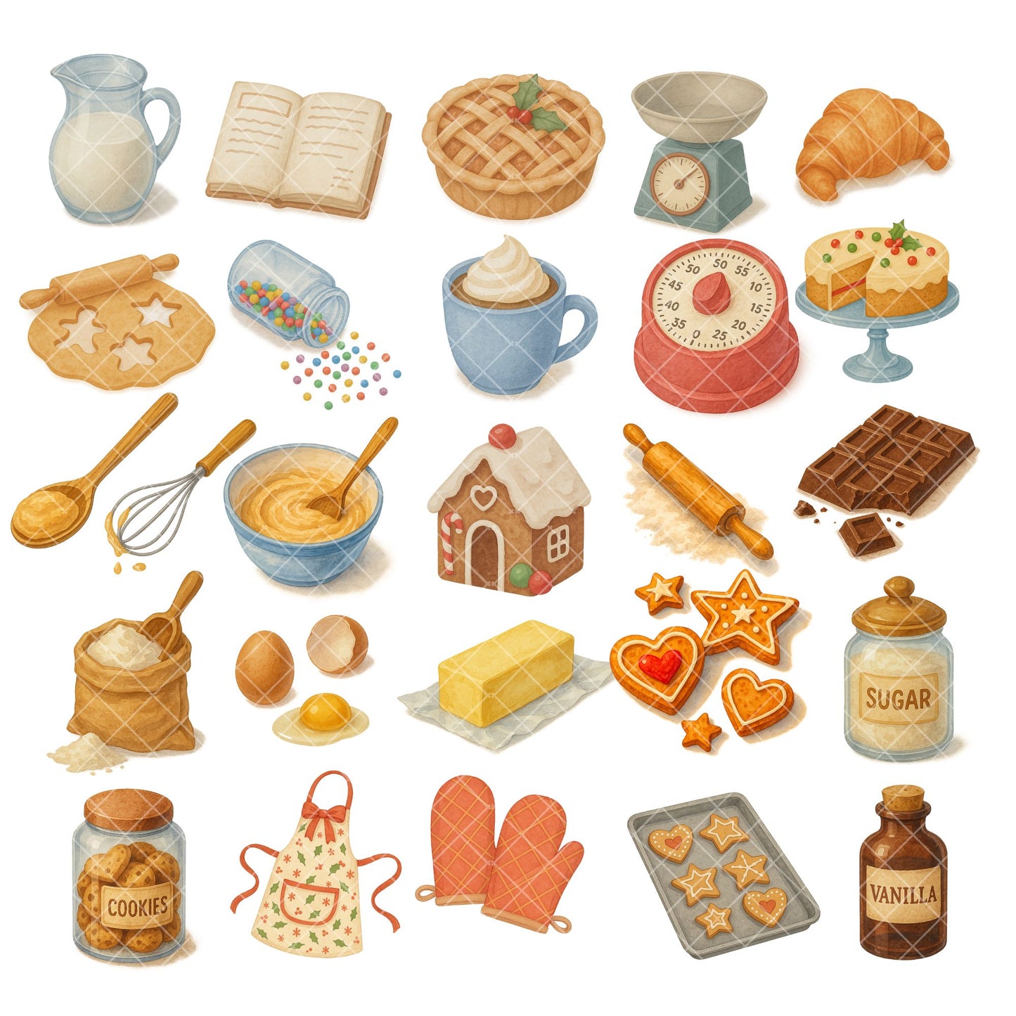 Christmas Baking Watercolor Clipart – Holiday Kitchen PNG Set, Festive Baking Illustrations, Christmas Food Clipart, 60 PNG Files