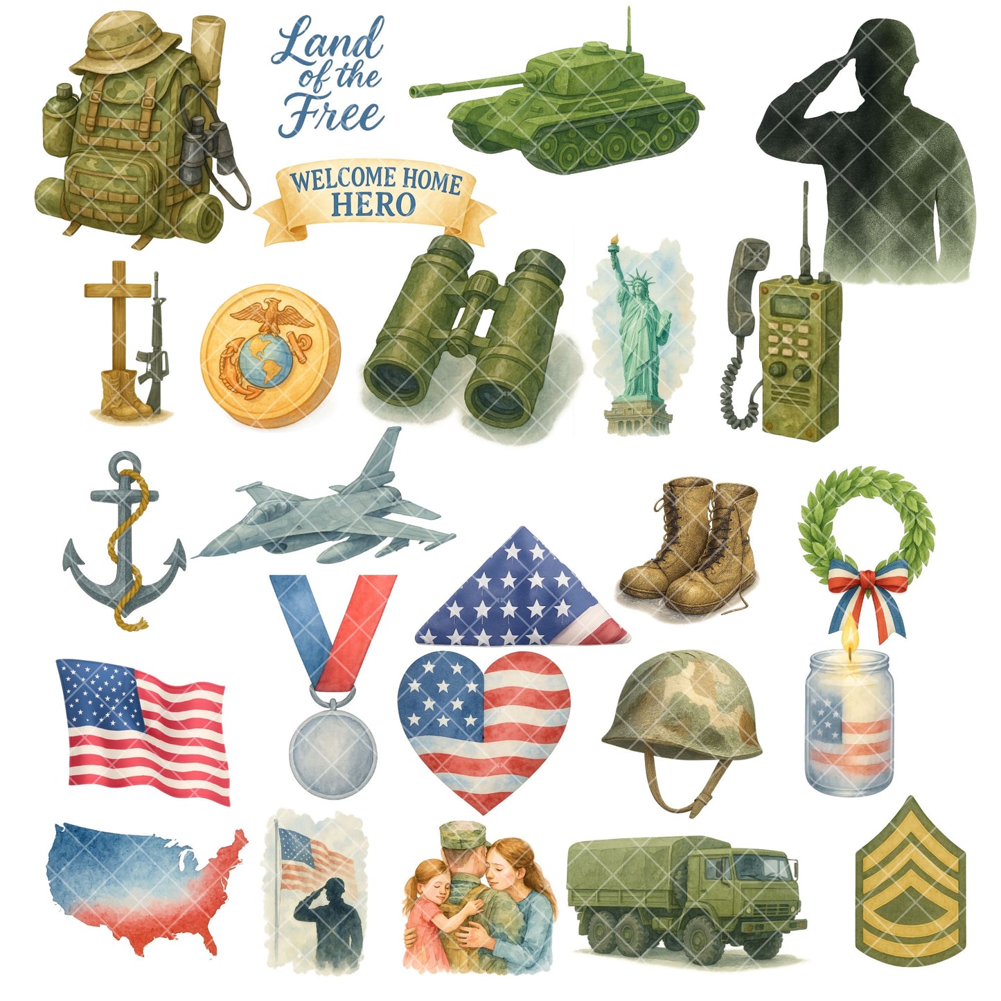 Military Patriotic Clipart Bundle – Watercolor Veteran PNGs, Army & 4th of July Patriotic Art (55 Files)