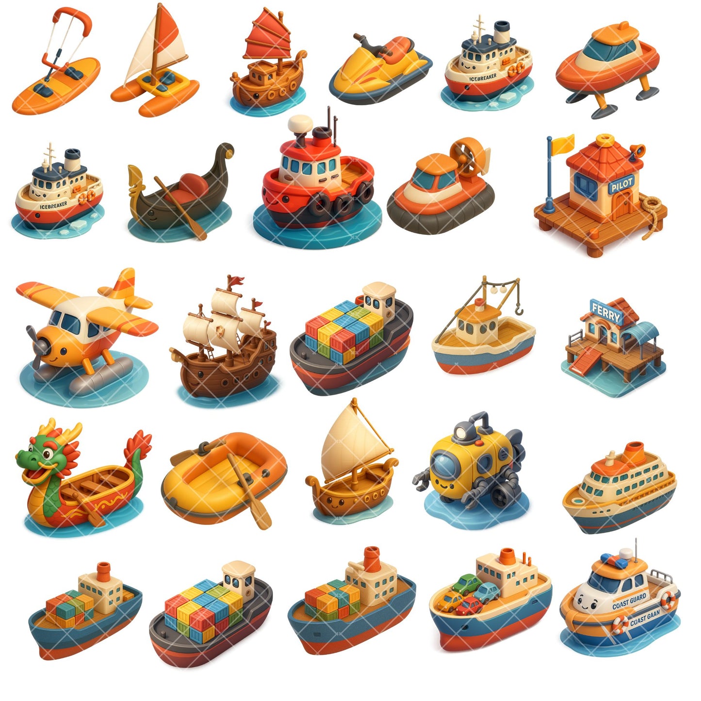 3D Boat Clipart Bundle – Isometric Ship, Yacht & Submarine PNG Set, Aquatic Transportation Graphics, Nautical Vehicles, 56 PNG Files
