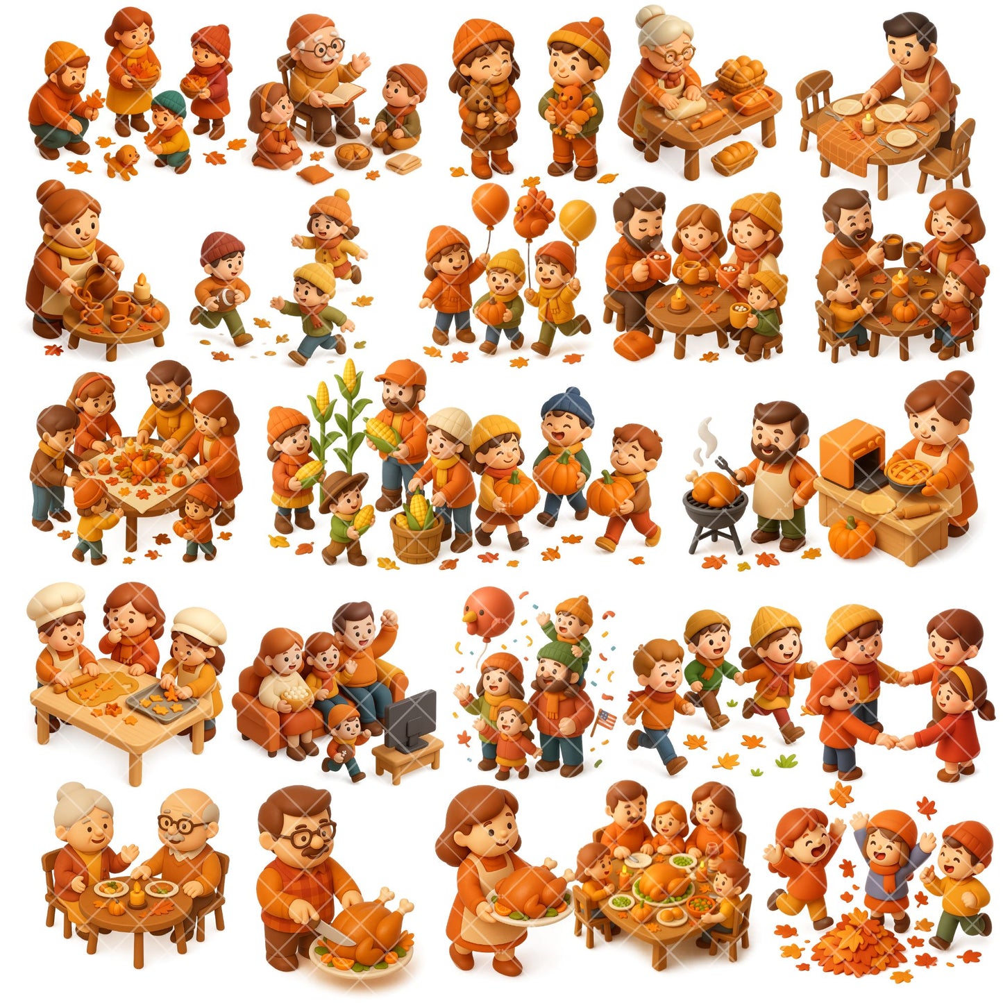 Thanksgiving Family Clipart | 3D Autumn Dinner PNG | Fall Family Activities | Cute Thanksgiving PNG | 55 Files Digital Download