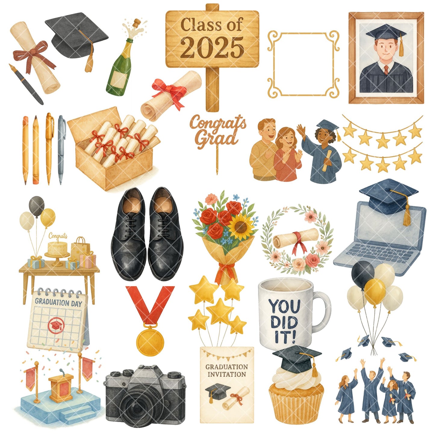 Graduation Watercolor Clipart Bundle – Class of 2025 PNGs, Cap & Diploma Grad Party Art (54 Files)