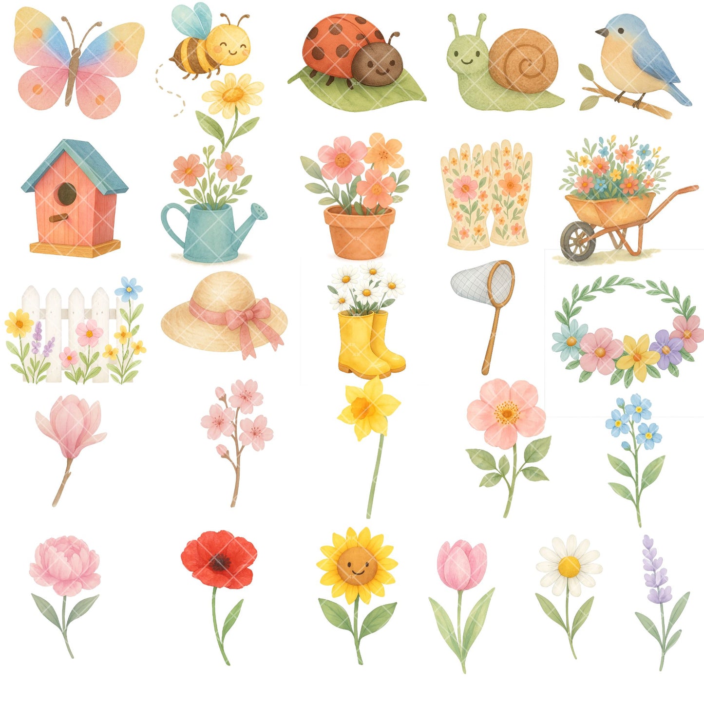 Spring Garden Clipart Watercolor – Wildflowers & Butterflies PNG | Floral Garden, Spring Flowers, Nature Clipart (56 Files)