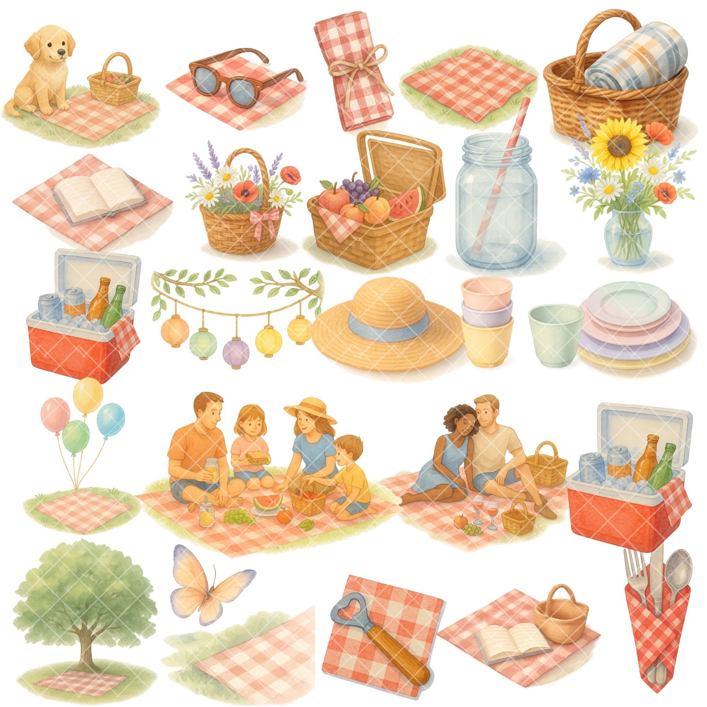 Picnic Watercolor Clipart Set – Summer Party PNG Bundle, Picnic Food & Outdoor Celebration Art, Cute Summer Clipart, 57 PNG Files