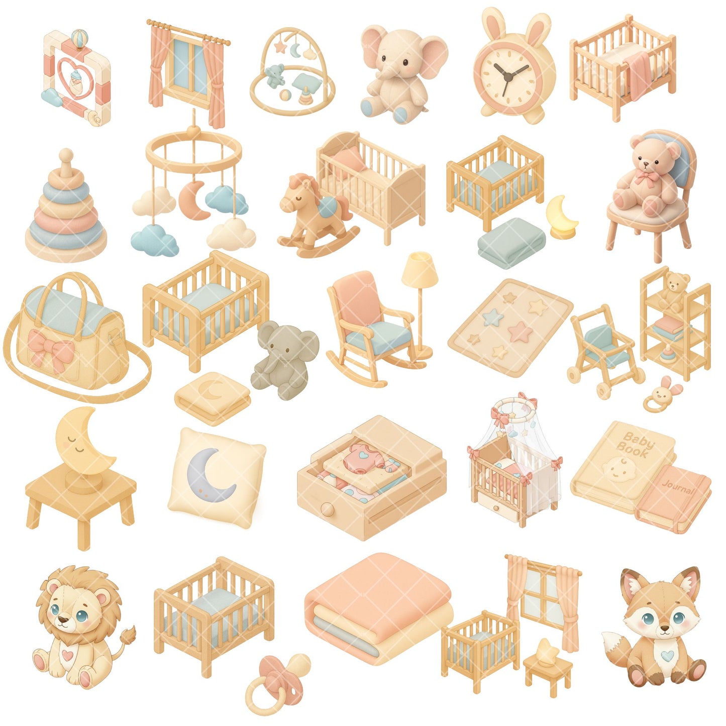 Pastel Nursery Clipart – 3D Baby Room PNG Bundle, Cute Nursery Decor & Baby Shower Graphics (52 Files)