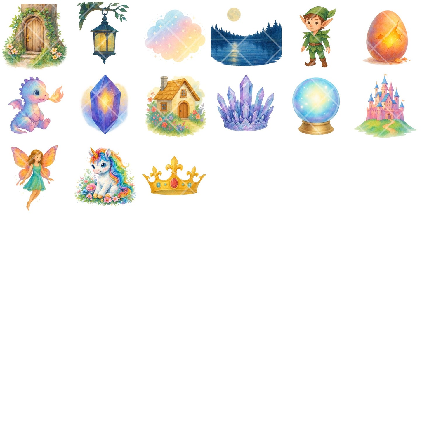 Fairytale Watercolor Clipart PNG | Magical Creatures Fantasy Set | Unicorn Mermaid Fairy Dragon Art | Kids Crafts | Commercial Use