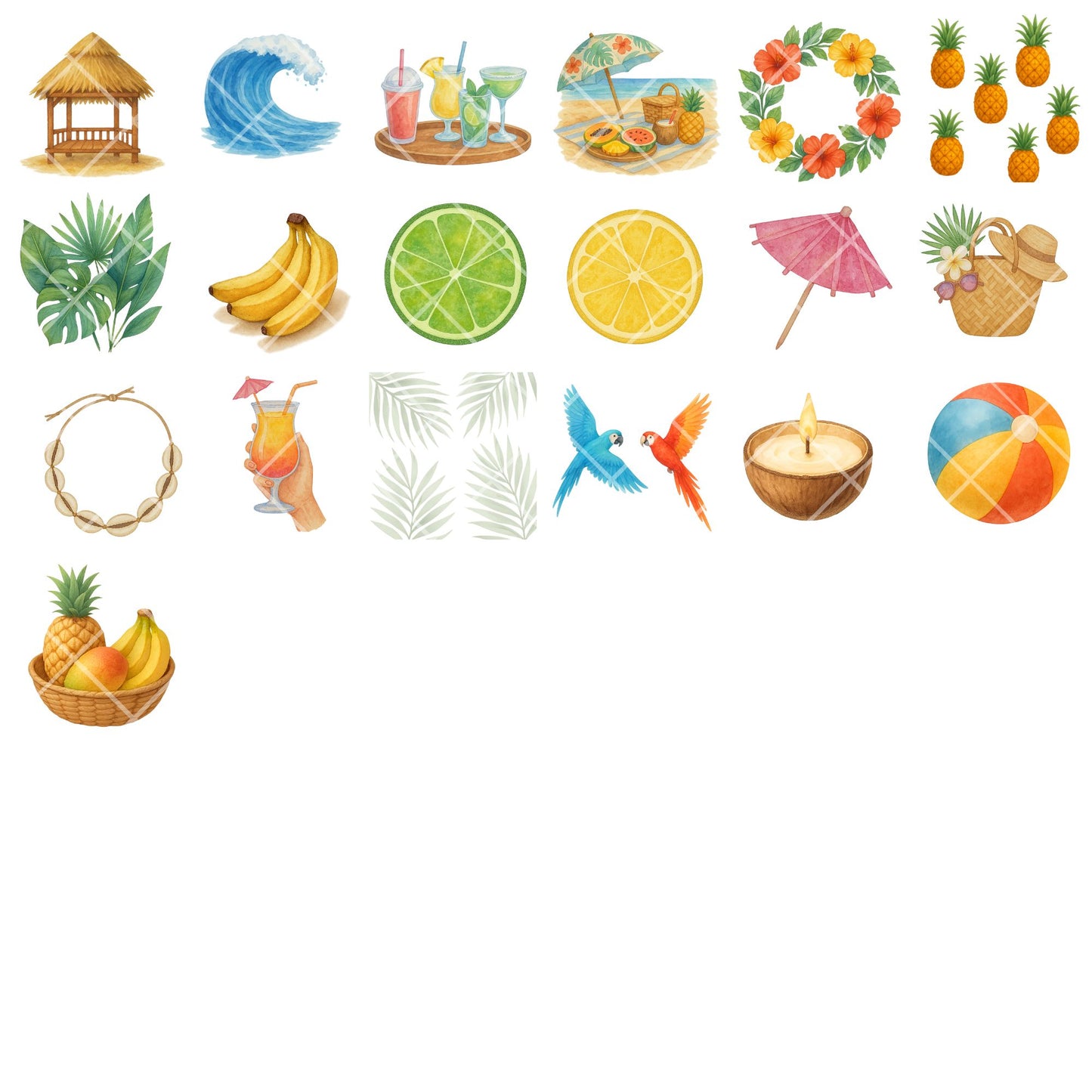 Tropical Watercolor Clipart PNG | Summer Drinks & Beach Icons | Tropical Paradise Art | Vacation Clipart | Commercial Use