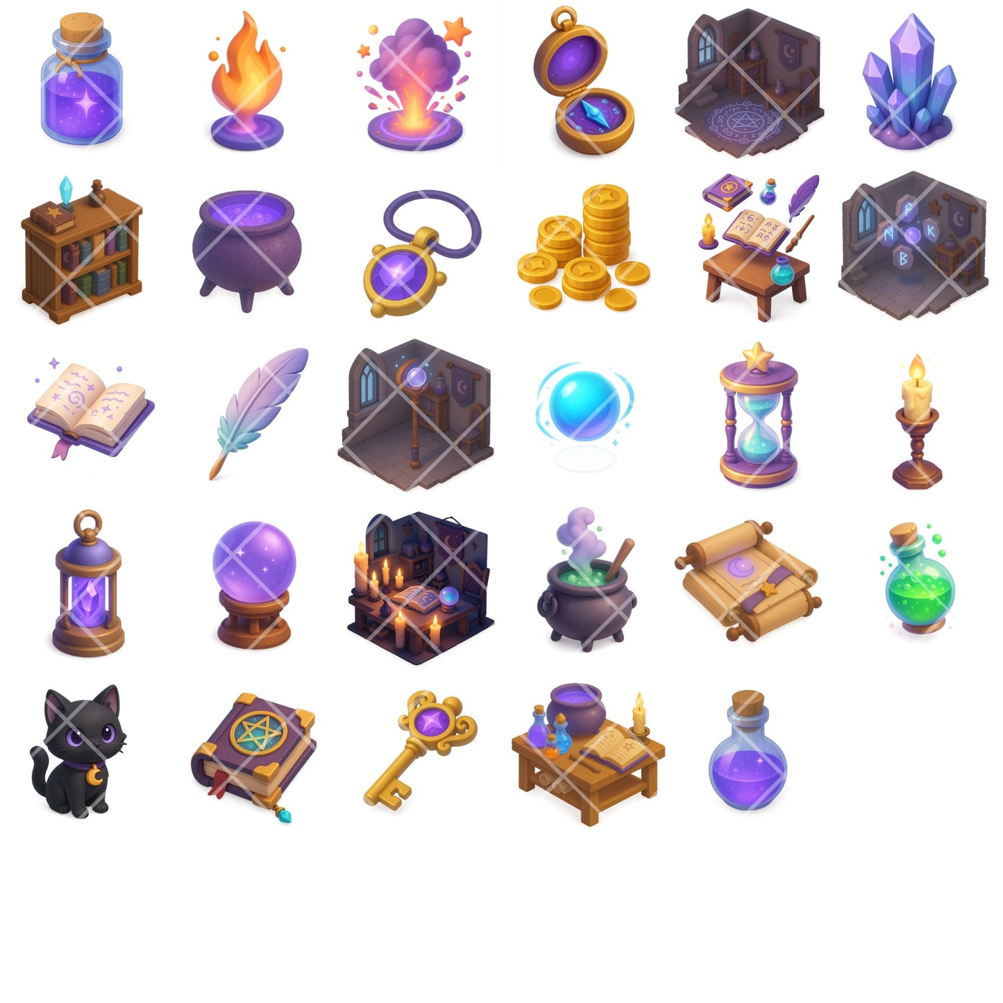 Wizard’s Workshop Clipart, Magic Potions & Spell Books PNG, Fantasy Alchemy Room, Witchcraft Art Set (65 PNG)