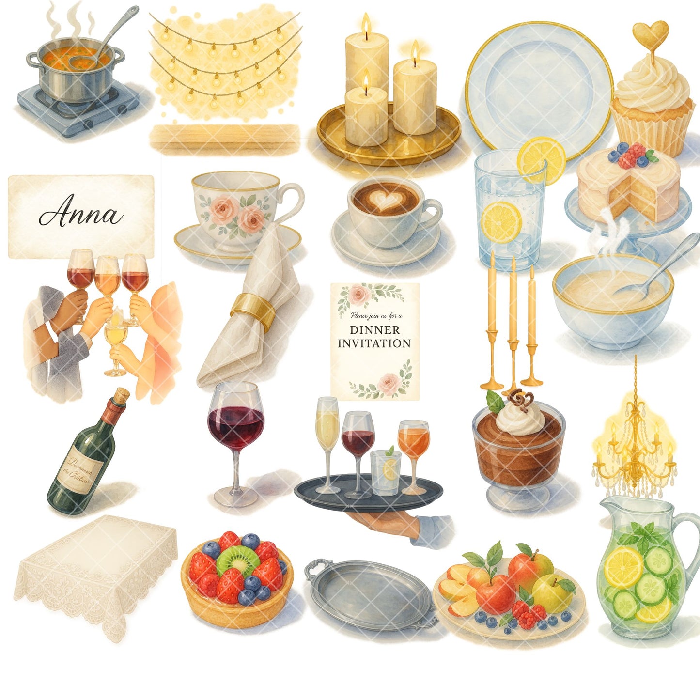 Festive Dinner Watercolor Clipart – Elegant Tablescape PNG Set, Holiday Meal & Family Dinner Art, Celebration Dining Clipart, 56 PNG Files