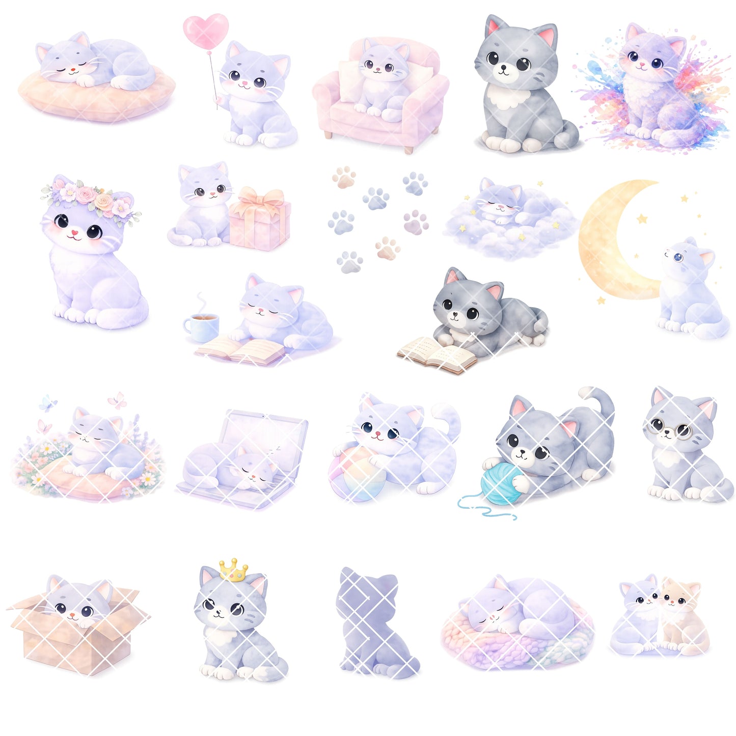 Cute Cat Watercolor Clipart PNG | Kawaii Kitten Pastel Art | Nursery & Planner Cats | Scrapbook Pet Graphics | Commercial Use