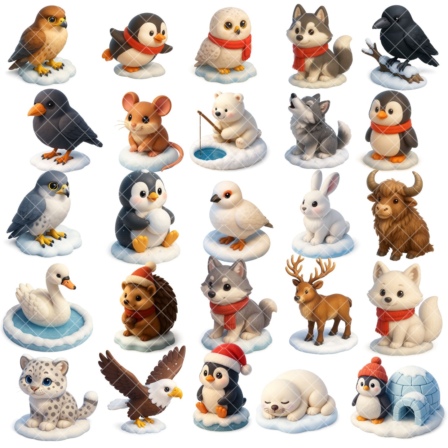 Winter Animals Clipart Bundle | 3D Snow Animals PNG | Cute Christmas Animals | Polar Bear Fox Penguin Clip Art | 60 PNG Digital Download