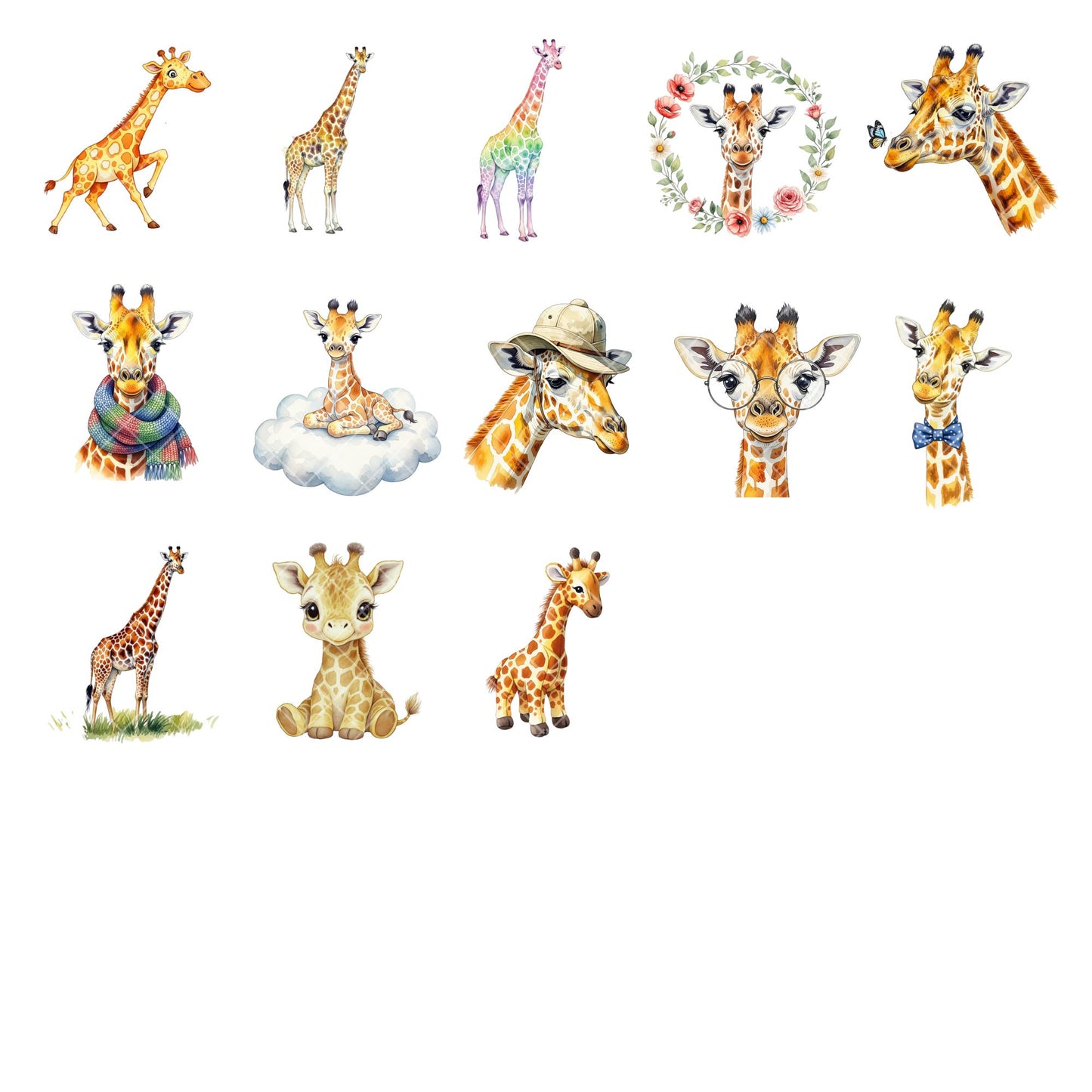 Giraffe Watercolor Clipart PNG | Safari Animal Clipart | Baby Giraffe Nursery Art | Safari PNG Set | Commercial Use