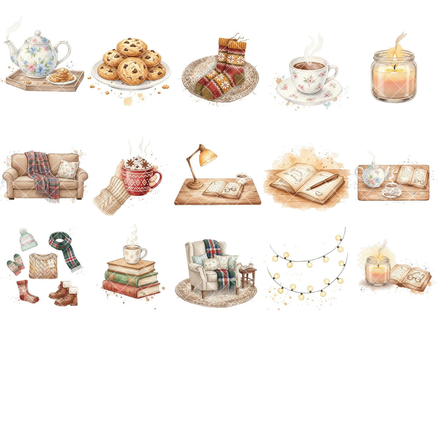 Hygge Winter Watercolor Clipart – Cozy Lifestyle PNG Bundle | Sweaters, Hot Cocoa, Books, Winter Fashion Art