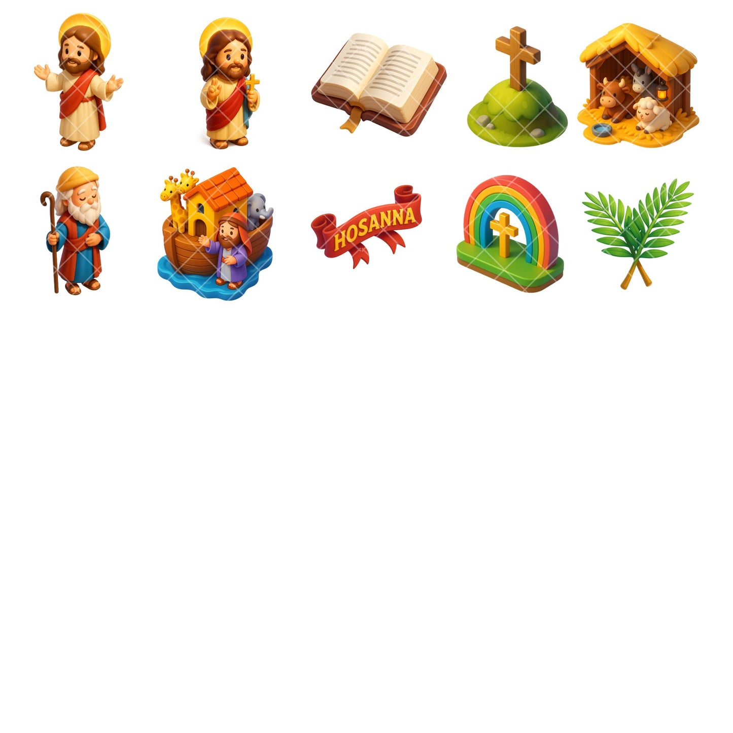 Jesus Christian Clipart PNG Bundle, 3D Religious Symbols, Cross Bible Church Dove Faith Art (60 PNG)
