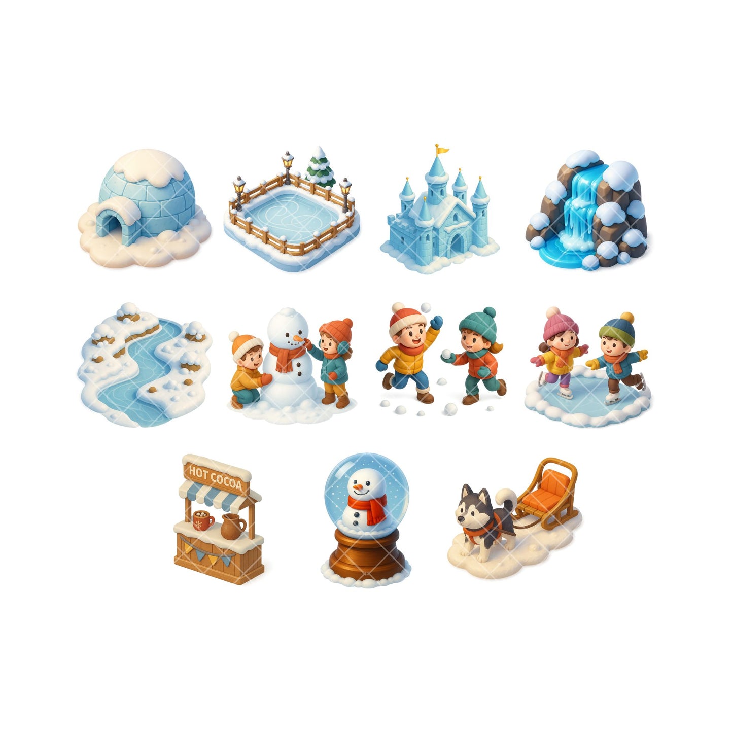 Winter Village Clipart PNG – Snowy Town, Castle & Park | Winter Wonderland 3D Landscape Art (60 Files)