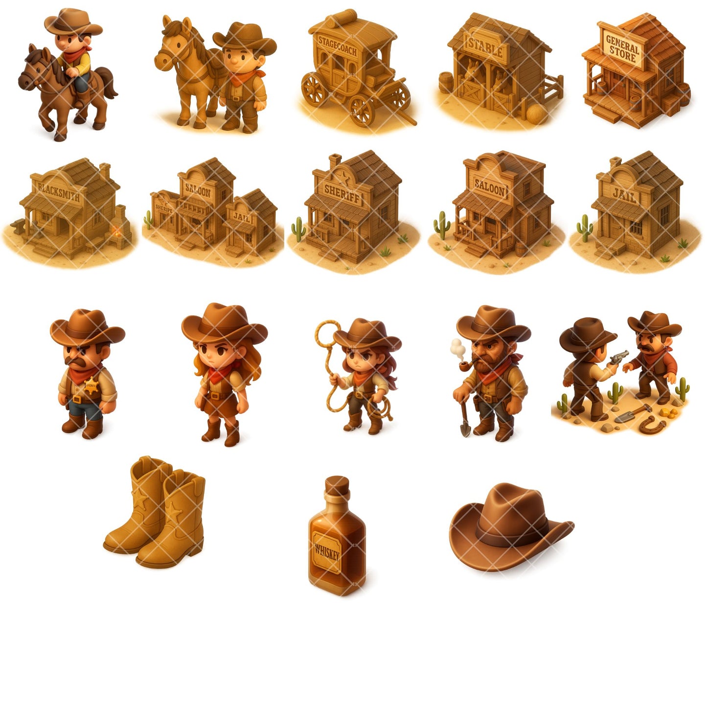 Wild West Clipart PNG – Cowboy Town, Horses & Western Props | Western Illustrations Bundle (68 Files)