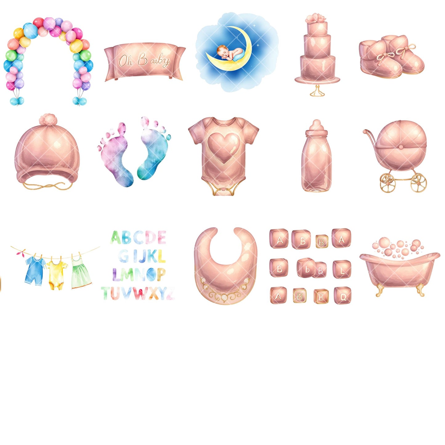 Pink Baby Shower Clipart Watercolor – Nursery Decor & Baby Items PNG | Girl Shower, Birth Announce (55 Files)