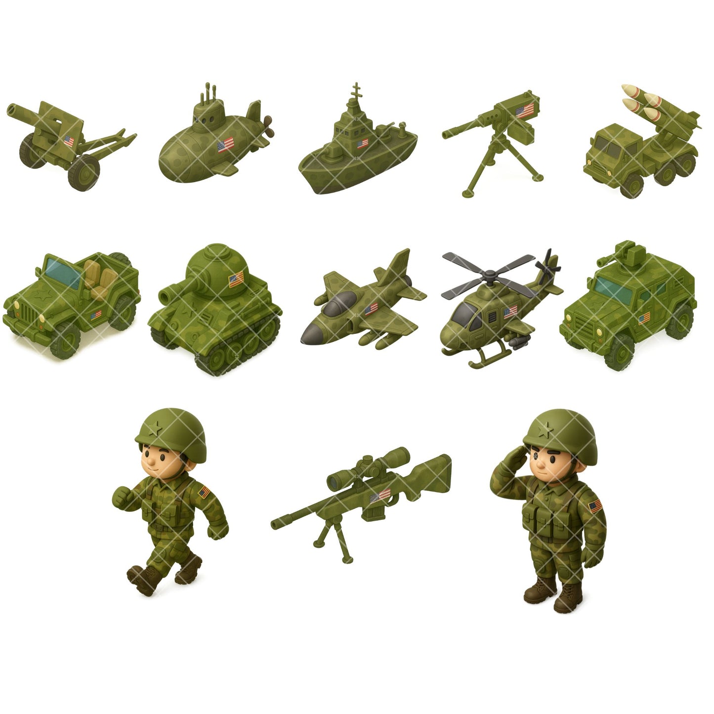 Military 3D Clipart PNG | Army Isometric Clipart | Camouflage Military Graphics | Army Game Assets | Commercial Use