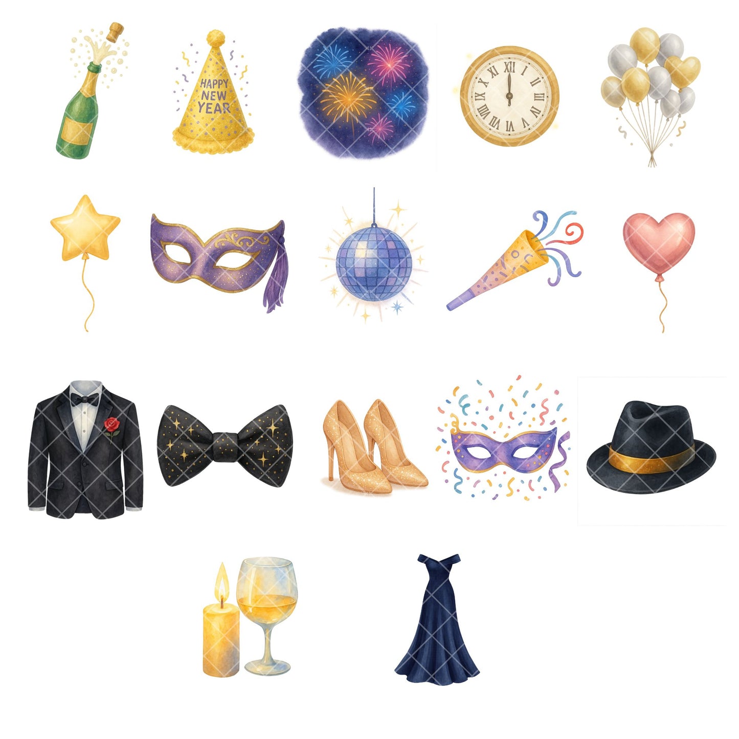 New Year Clipart 2026 – Champagne, Balloons & Party Watercolor PNG | Holiday Celebration Decor (57 Files)
