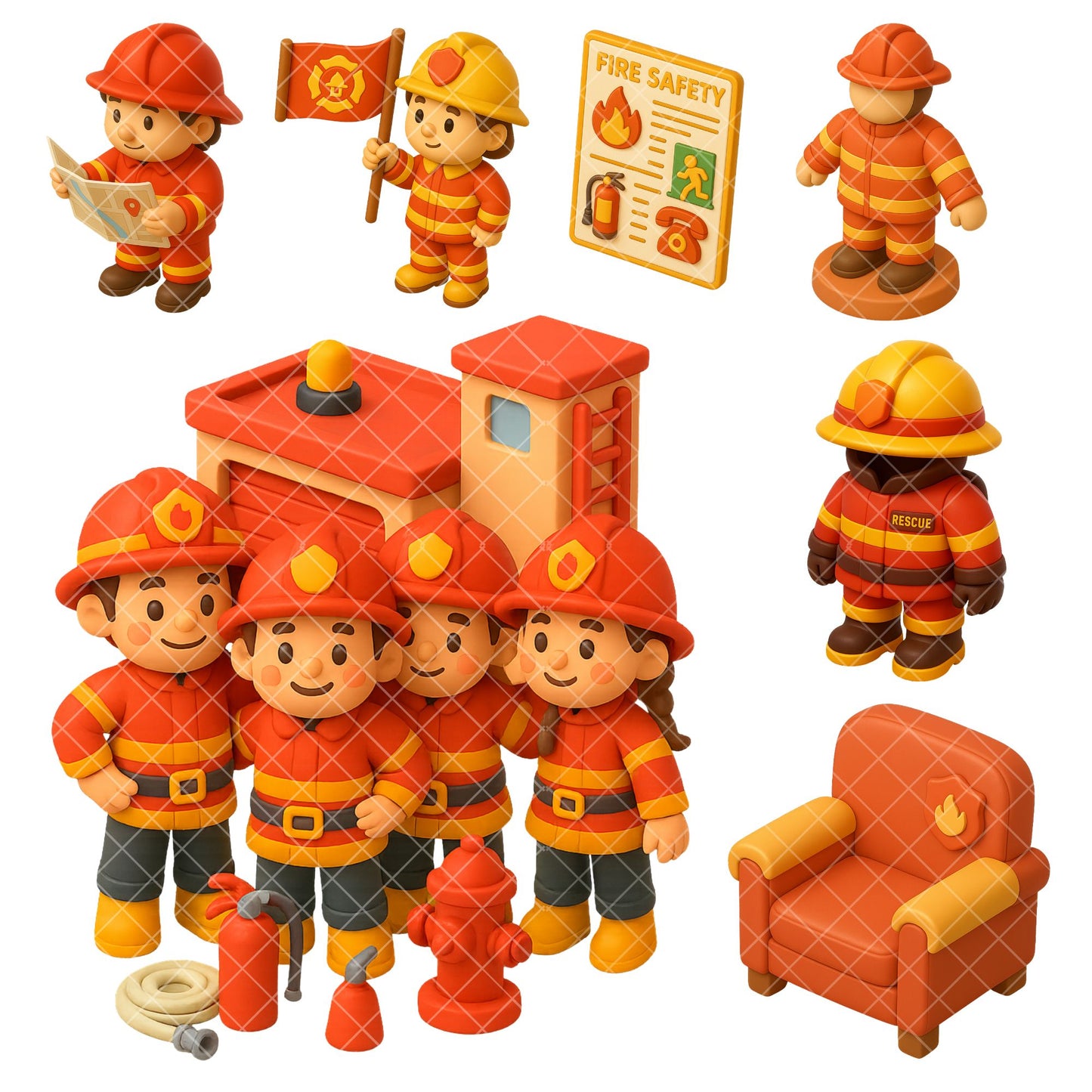 Fire Station Clipart – Firefighter & Emergency Response PNG Set, Rescue Trucks & Safety Graphics (63 Files)