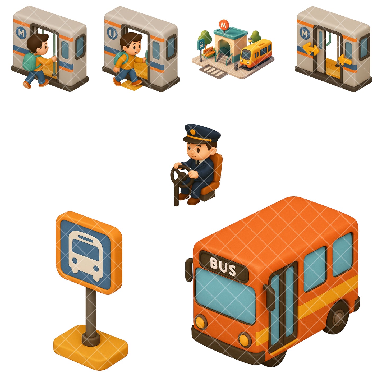 Subway Station Clipart Bundle – 3D Isometric City Transport PNG, Public Transit Graphics, Urban Train Station Icons, 65 PNG