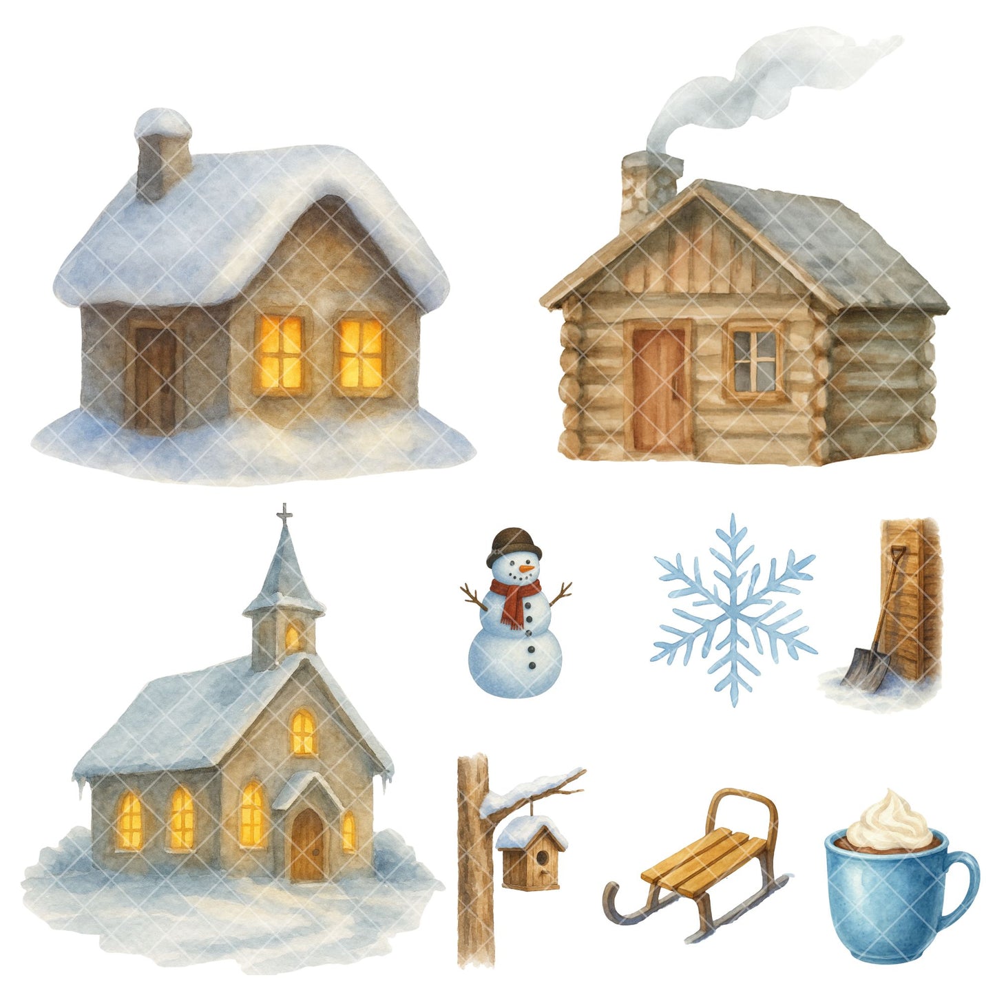 Winter Village Watercolor Clipart – Cozy Cabin Snow PNG Bundle, Rustic Christmas Winter Scenes (53 Files)