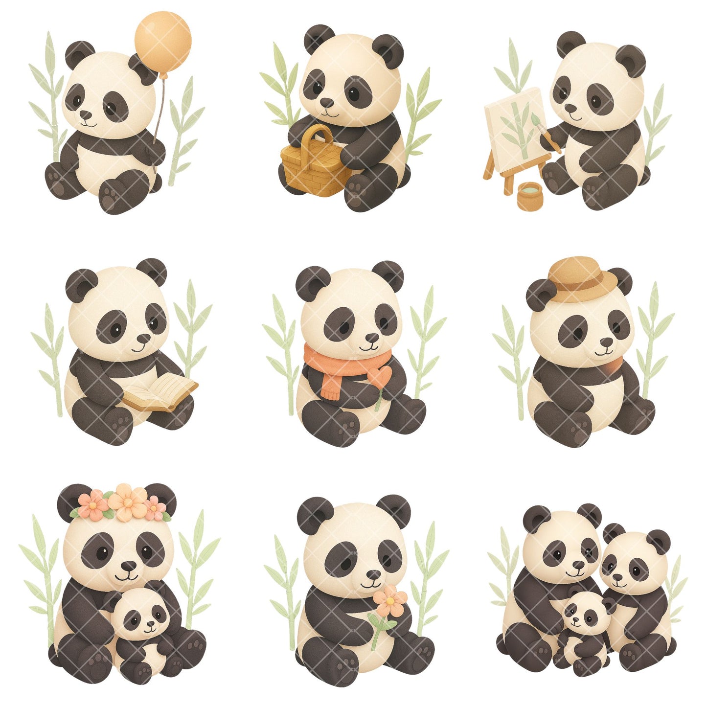 Cute Panda Clipart Bundle – 3D Isometric Panda PNG, Kawaii Animal Stickers, Planner & Sublimation Graphics, 50 PNG