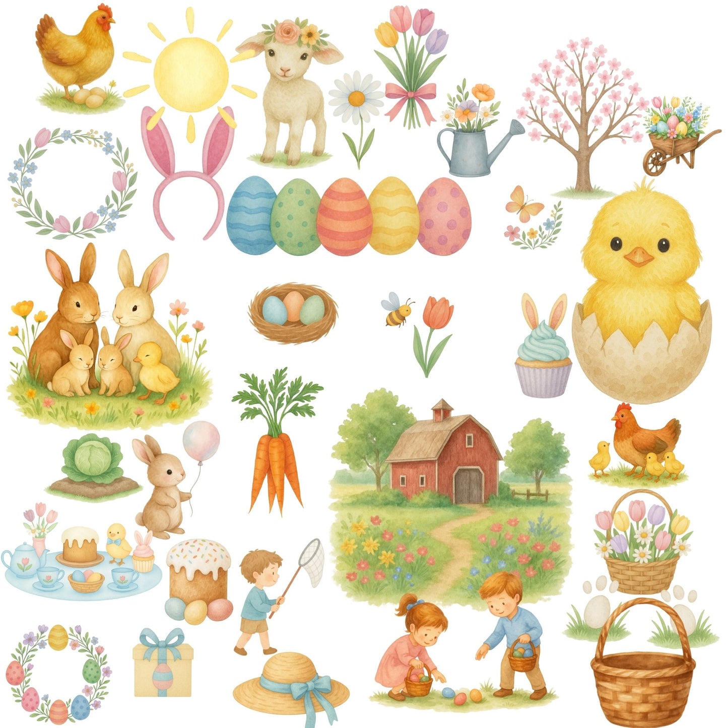 Easter Bunny Watercolor Clipart – Farm Animals & Baby Animals PNG, Spring Easter Art for Invitations, Nursery & Crafts (50 PNG)