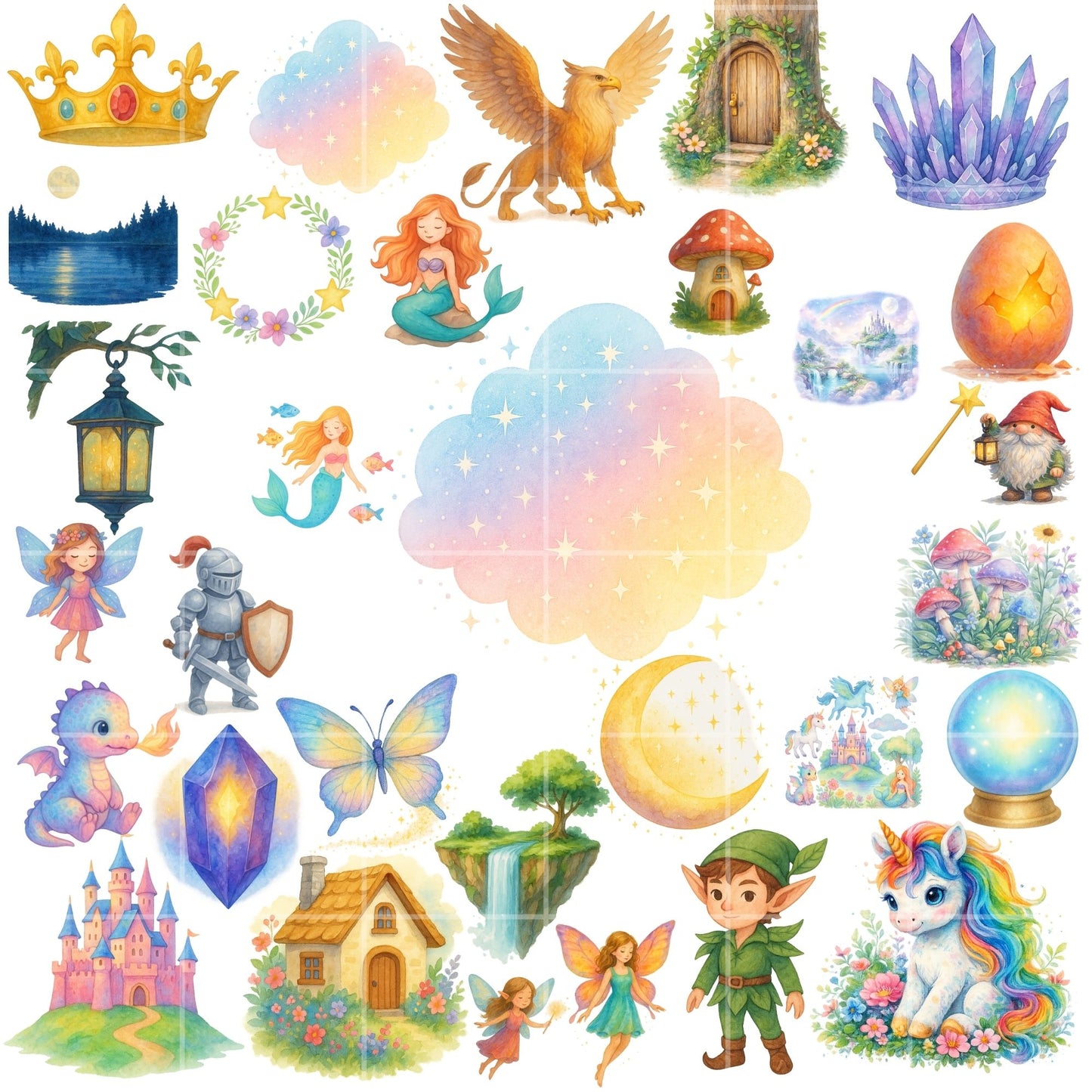 Fairytale Watercolor Clipart PNG | Magical Creatures Fantasy Set | Unicorn Mermaid Fairy Dragon Art | Kids Crafts | Commercial Use