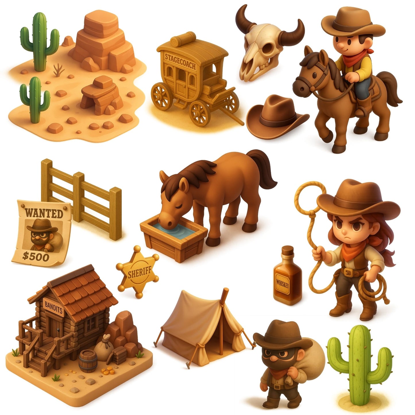 Wild West Clipart PNG – Cowboy Town, Horses & Western Props | Western Illustrations Bundle (68 Files)