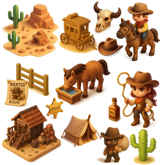 Wild West Clipart PNG – Cowboy Town, Horses & Western Props | Western Illustrations Bundle (68 Files)