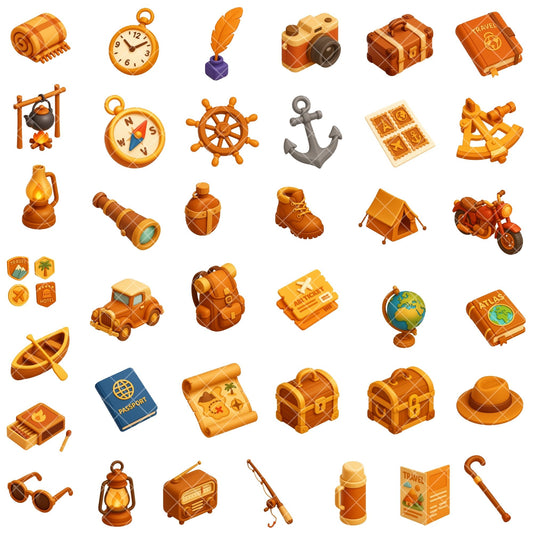 Vintage Travel Clipart Bundle – Retro Adventure PNG, Explorer Icons, Travel Journal Graphics, Old World Travel Clipart, 53 PNG