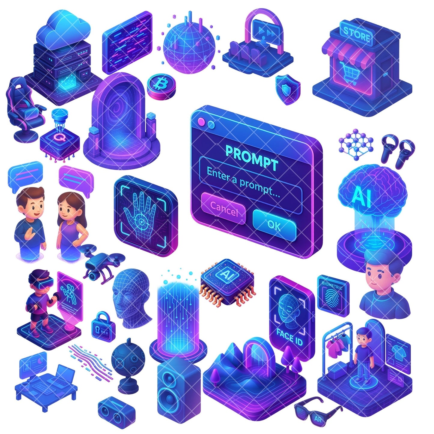 Virtual Reality AI Clipart PNG | Futuristic Tech Icons | Metaverse VR Graphics | 3D Neon AI Illustrations | Commercial Use