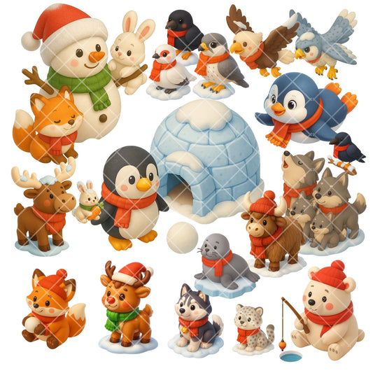 Winter Animal Clipart – Watercolor Snow PNG Bundle, Cute Christmas Animals, Cozy Winter Graphics (58 Files)