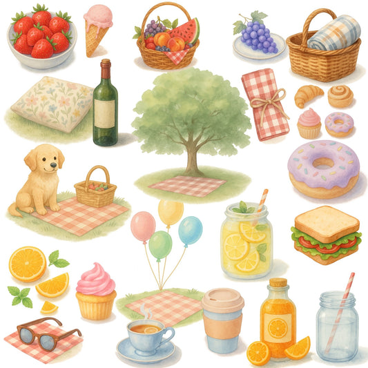 Picnic Watercolor Clipart Set – Summer Party PNG Bundle, Picnic Food & Outdoor Celebration Art, Cute Summer Clipart, 57 PNG Files