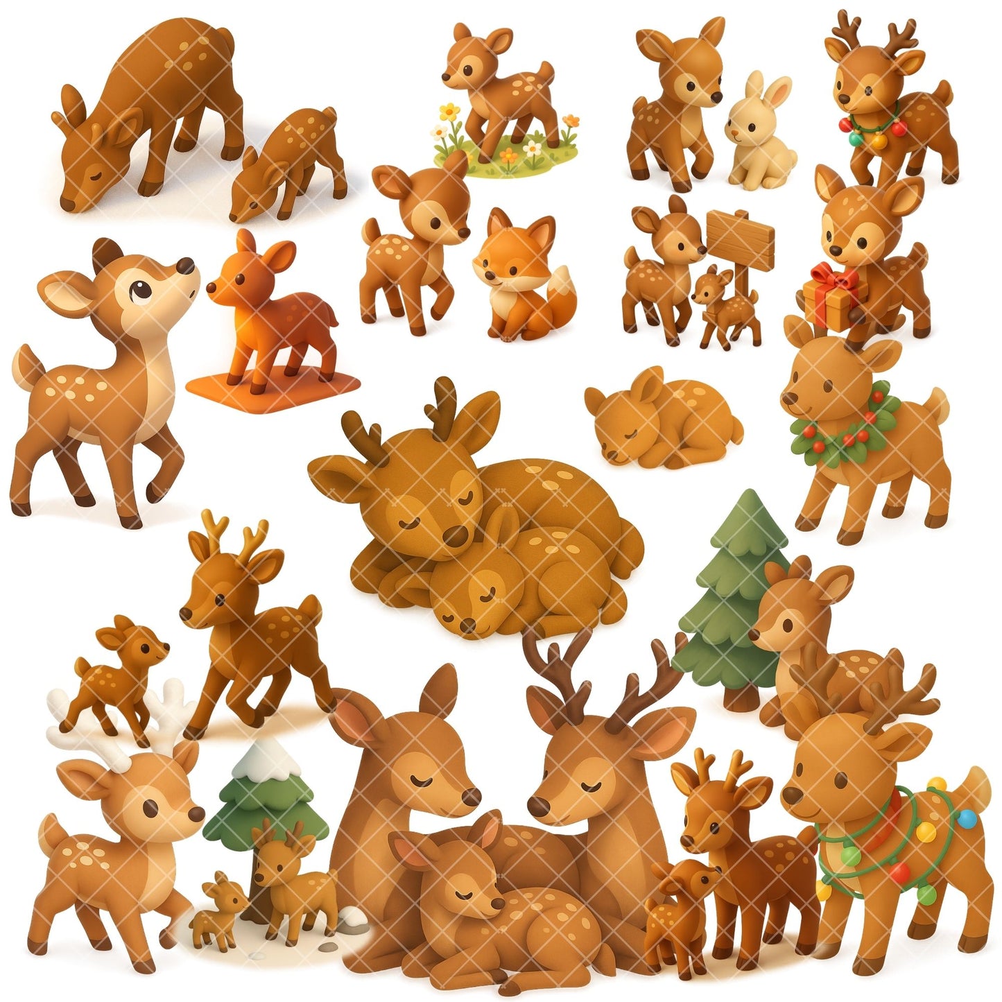 Deer Fawn Clipart – 3D Woodland Animal PNG Set, Cute Baby Deer Nursery & Winter Illustrations (50 Files)