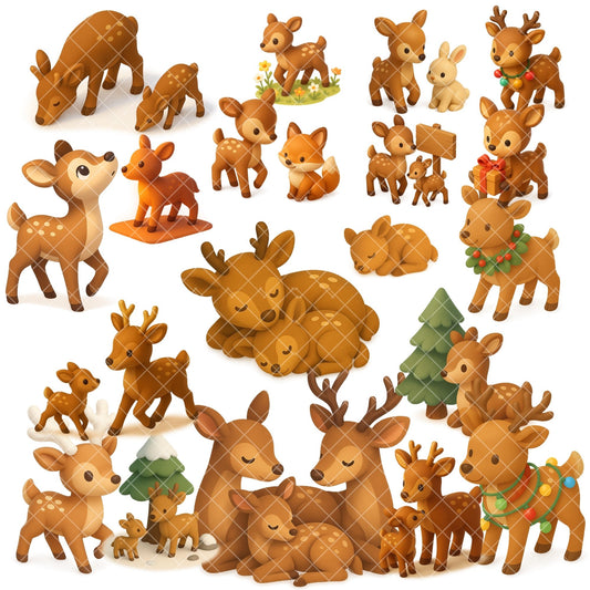 Deer Fawn Clipart – 3D Woodland Animal PNG Set, Cute Baby Deer Nursery & Winter Illustrations (50 Files)