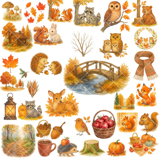 Autumn Forest Critters Clipart PNG | Watercolor Fall Woodland Animals | Cozy Autumn Nursery Art | Thanksgiving Forest PNG | Commercial Use