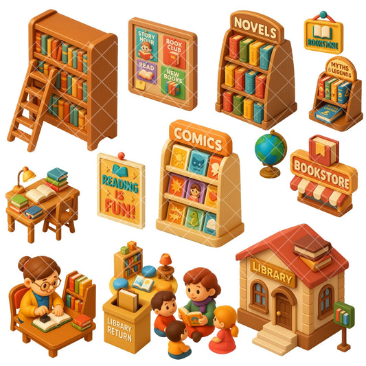 Library Bookstore Clipart – Cozy Reading PNG Set, Books & Bookshelves, Classroom & Teacher Graphics (62 Files)