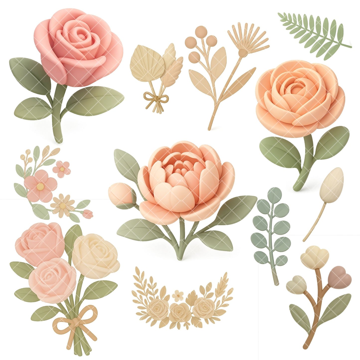 Boho Floral 3D Clipart PNG | Neutral Flower Graphics | Wedding Invitation Flowers | Boho Branding Elements | Commercial Use