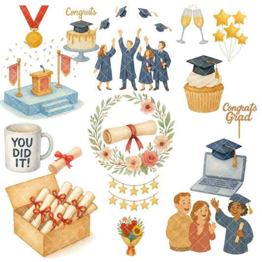Graduation Watercolor Clipart Bundle – Class of 2025 PNGs, Cap & Diploma Grad Party Art (54 Files)