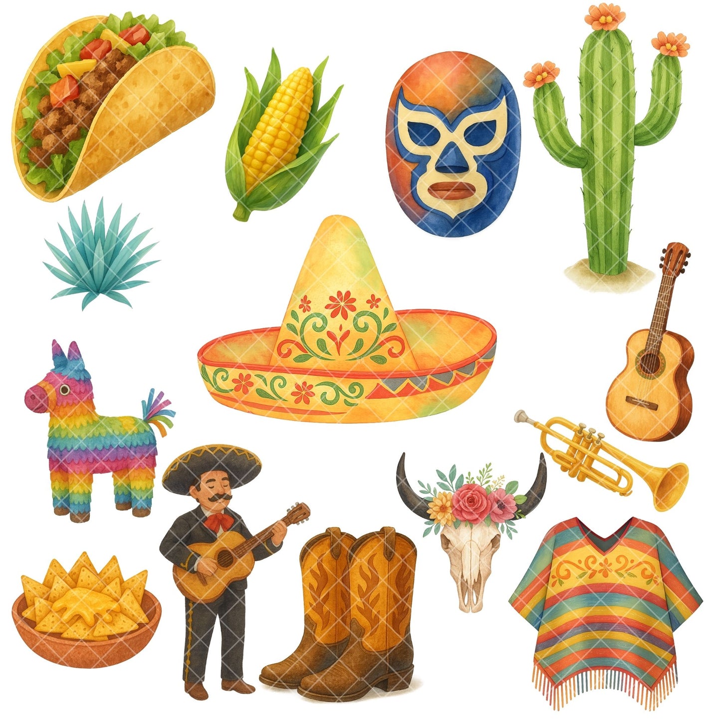 Mexico Watercolor Clipart PNG | Mexican Culture Fiesta Art | Cinco de Mayo Clipart | Mexico Icons PNG | Commercial Use