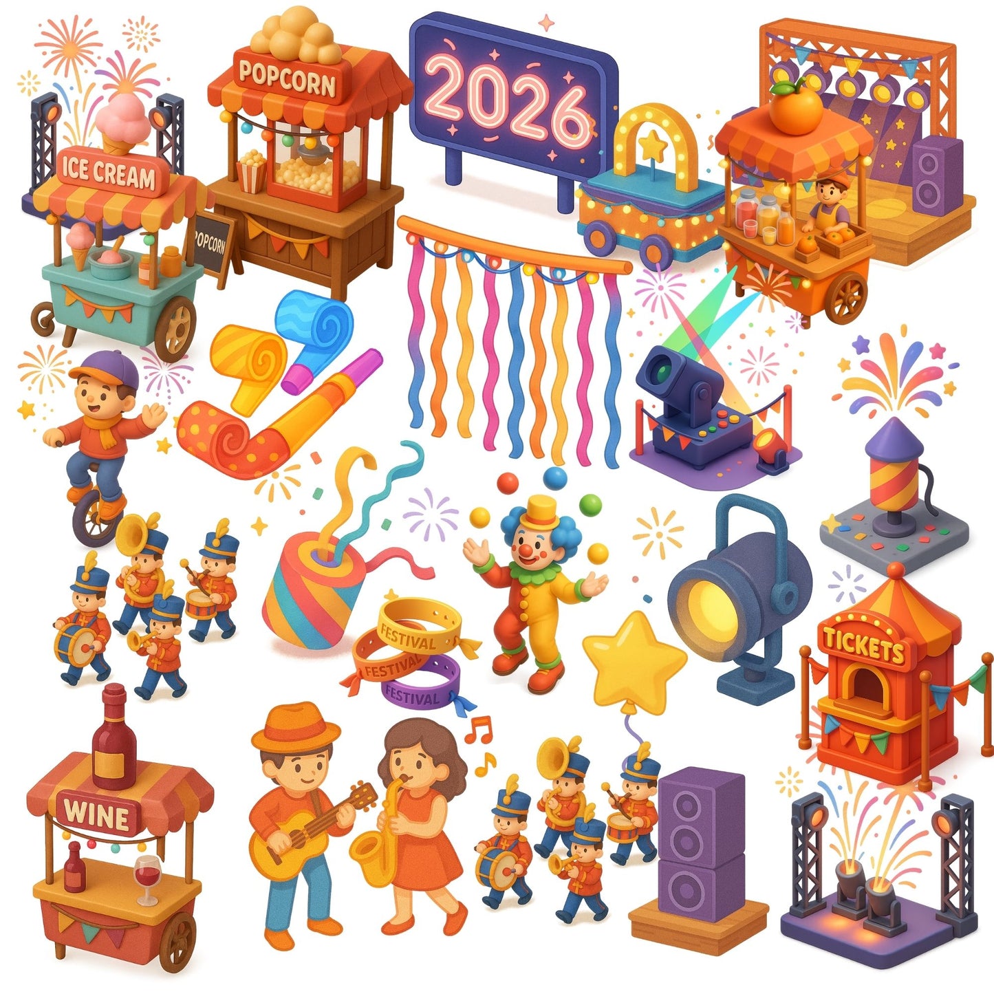 New Year Fireworks Festival Clipart – 2026 Street Party PNG Set, Parade Music Food Stalls, 3D Celebration Graphics, 60 PNG Files