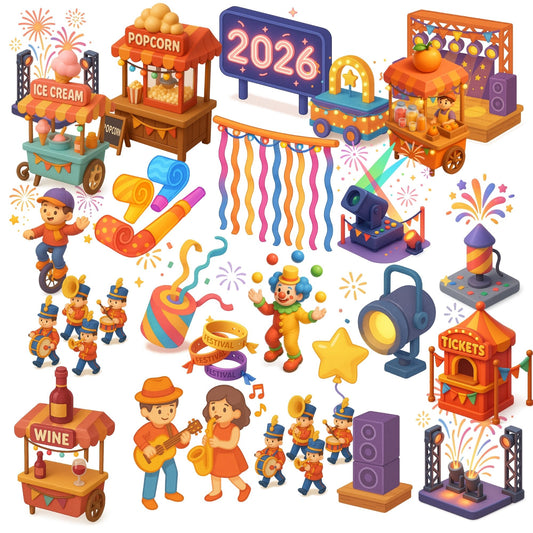 New Year Fireworks Festival Clipart – 2026 Street Party PNG Set, Parade Music Food Stalls, 3D Celebration Graphics, 60 PNG Files