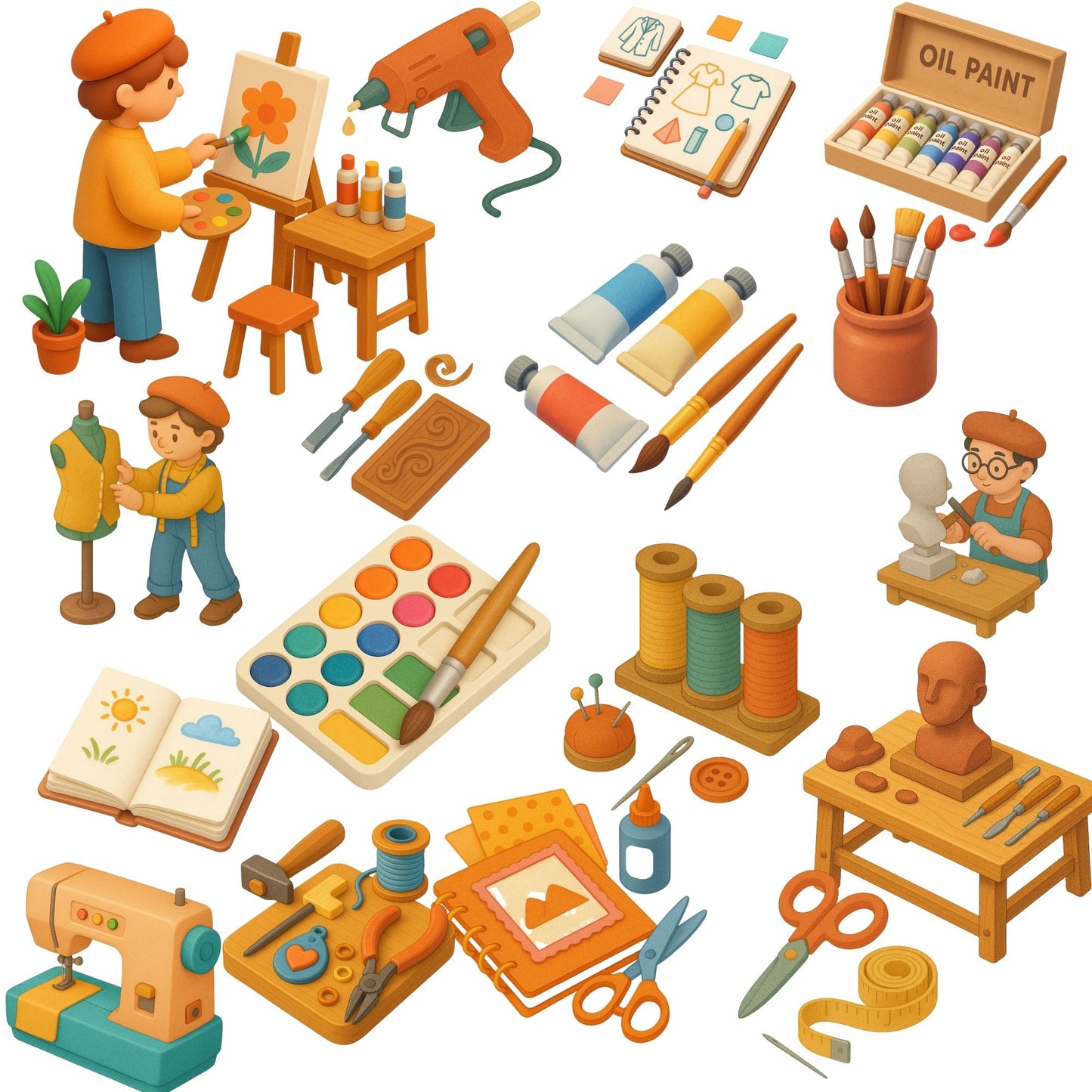Art Studio Clipart 3D – Artist Tools & Sewing PNG Set, Creative Workshop, Craft Room, Art Supplies Illustration (60 PNG)