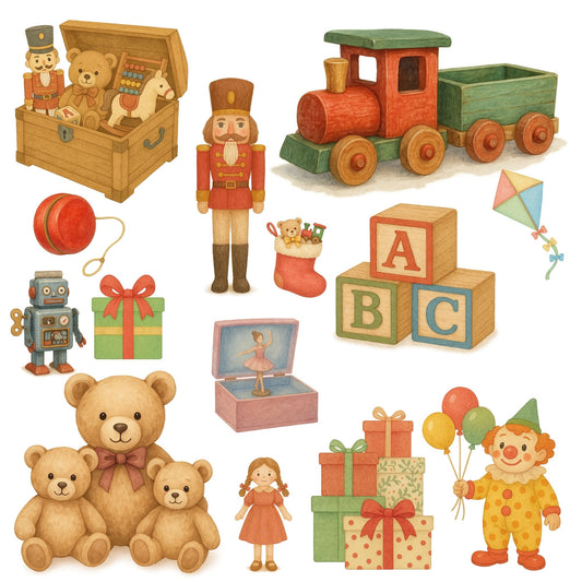 Vintage Christmas Toys Clipart – Nostalgic Watercolor PNG | Retro Holiday Toys, Classic Xmas Art (58 Files)