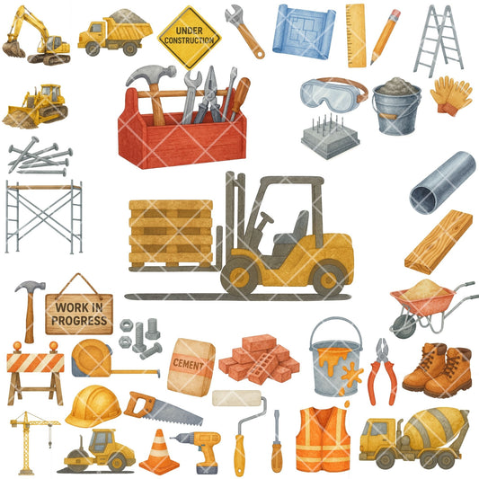 Construction Watercolor Clipart PNG | Construction Vehicles & Tools | Kids Construction Party Art | Builder Clipart | Commercial Use