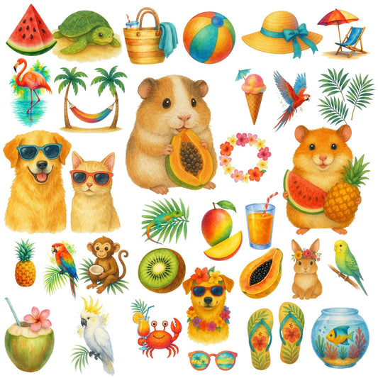 Tropical Pets Watercolor Clipart PNG – Cute Summer Dogs Cats Beach Animals (50 PNG)